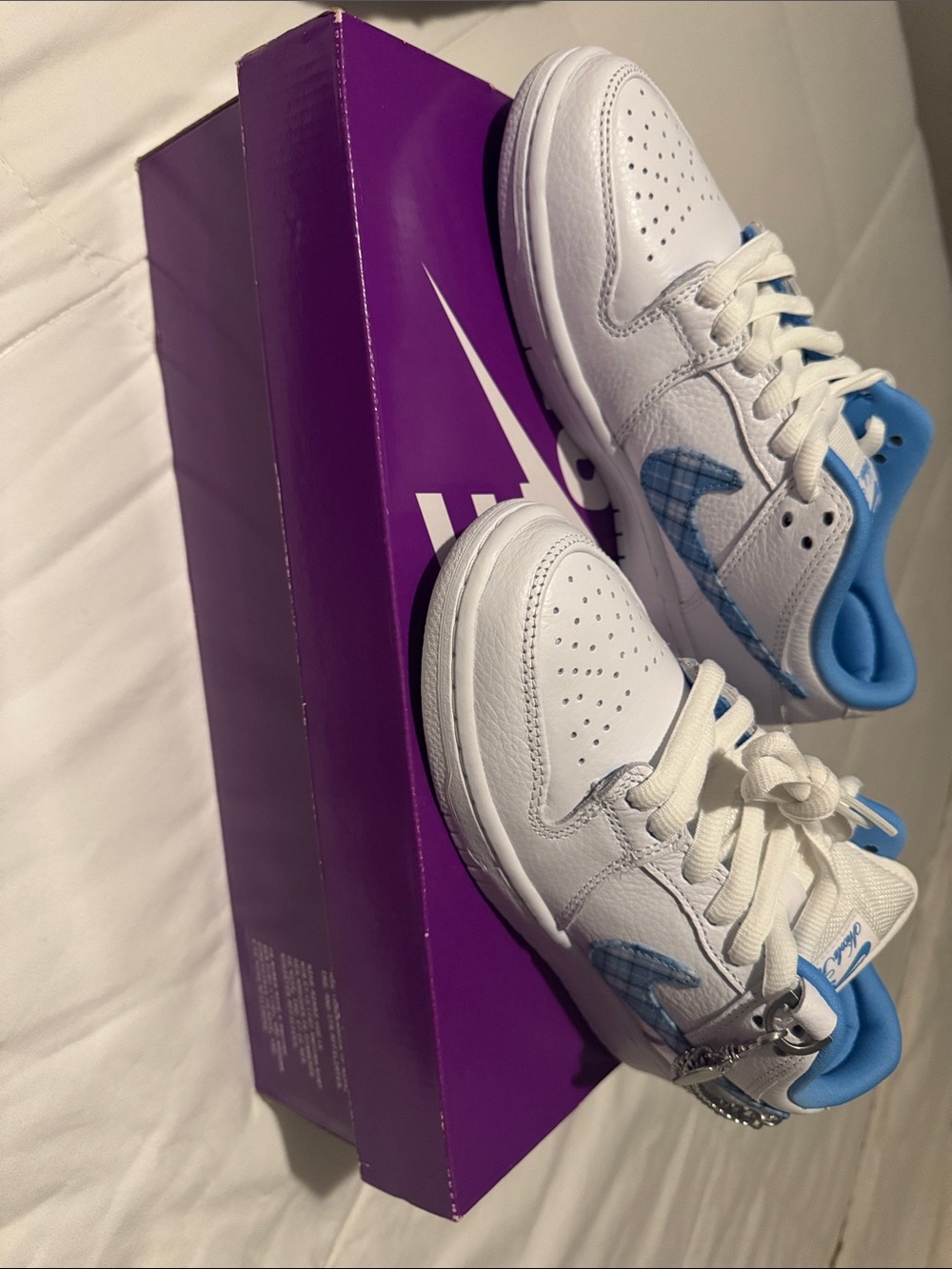 White and Light Blue Kids Sneakers with Check-Pattern Swoosh